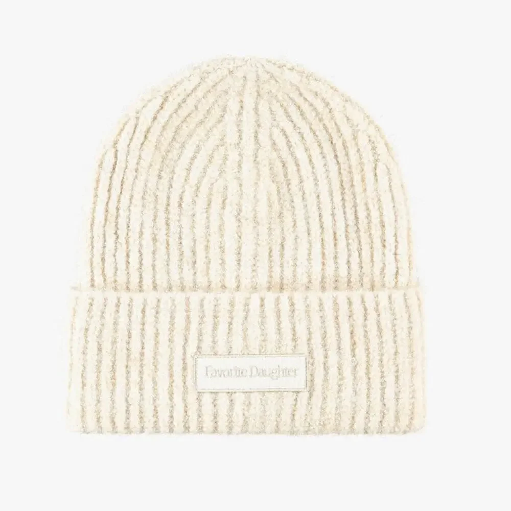 NEW FAVORITE DAUGHTER Cream Beige Tan Logo Ribbed Knit Cuff $78 Beanie Hat Cap